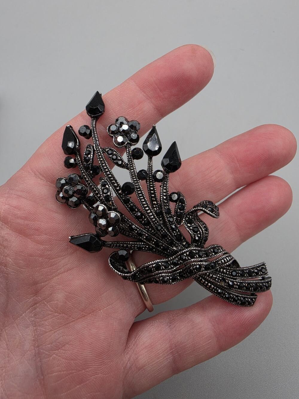 Vintage Black Rhinstone Flower Bouquet Mourning Brooch Goth Wedding Funeral
